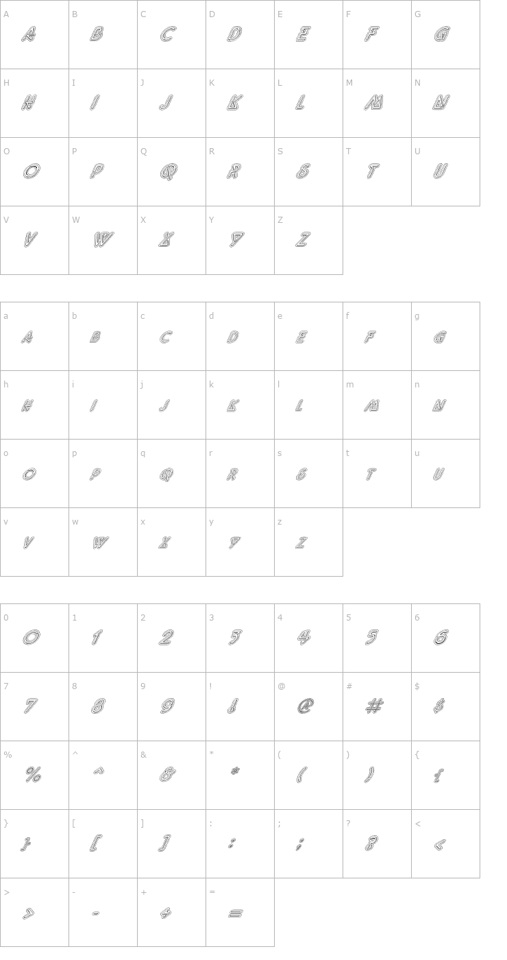 Character Map FZ UNIQUE 40 HOLLOW ITALIC Font