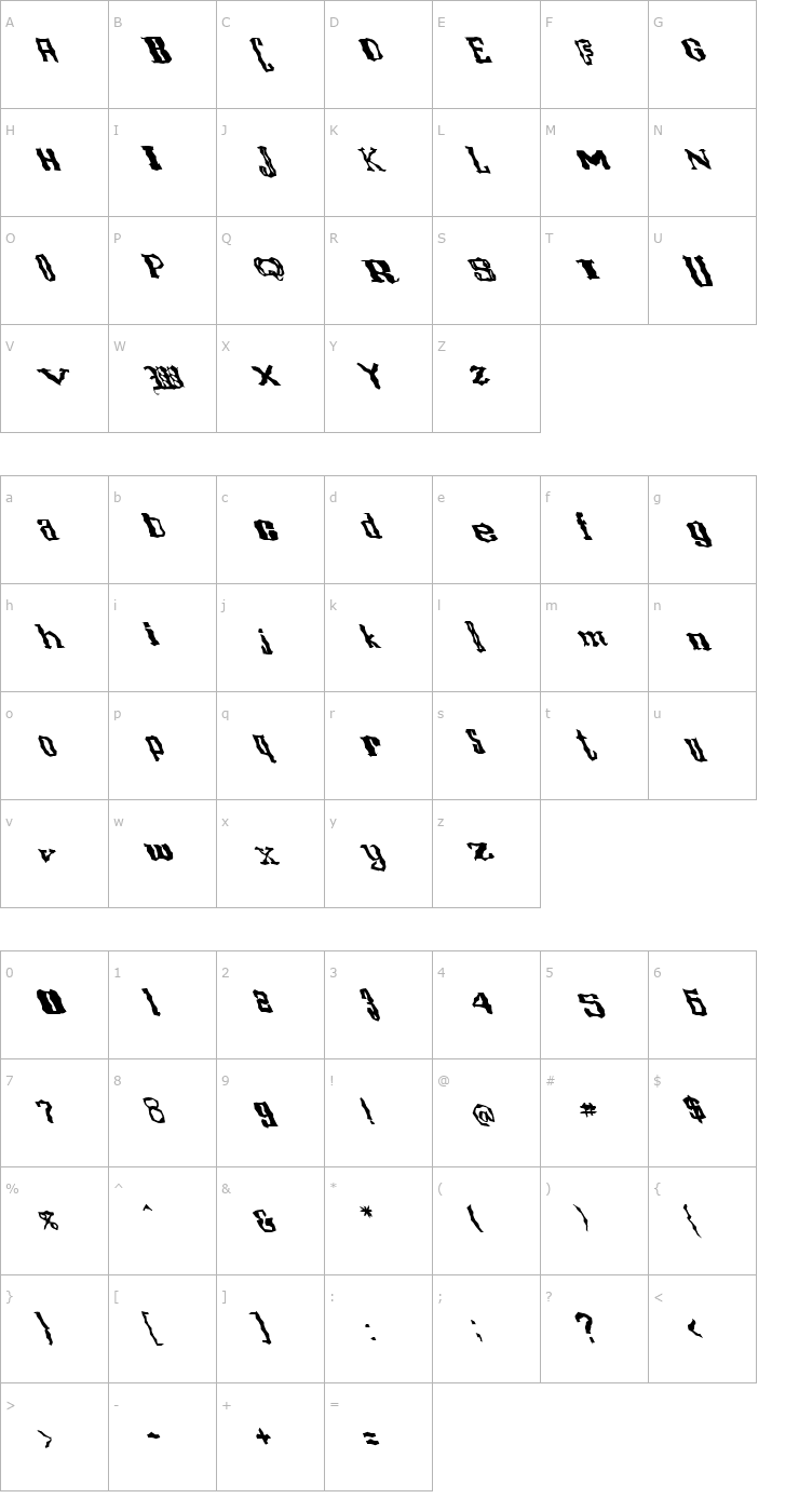 Character Map FZ WACKY 16 LEFTY Font