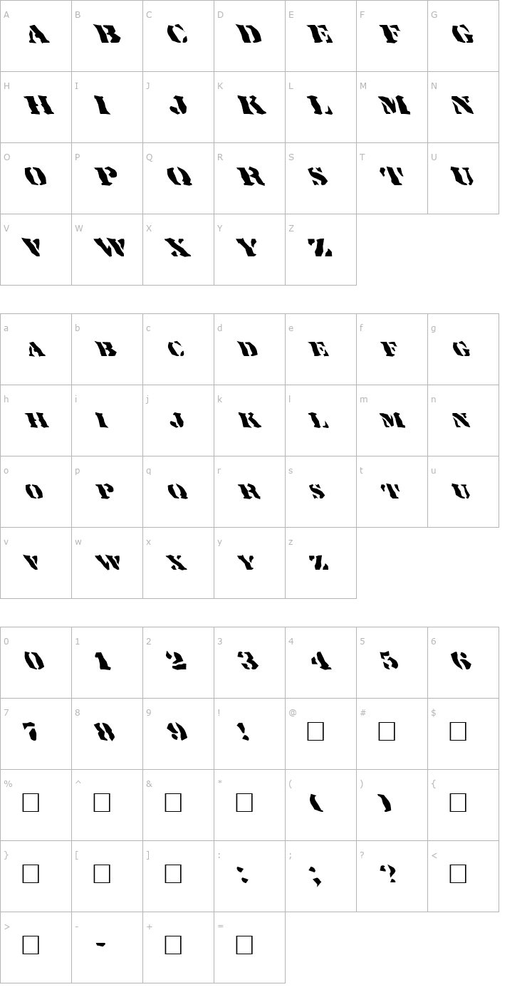 Character Map FZ WACKY 17 LEFTY Font