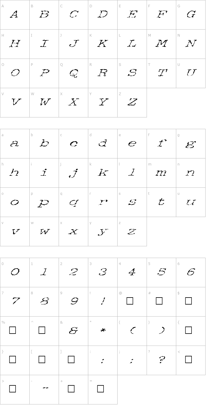Character Map FZ WACKY 34 ITALIC Font