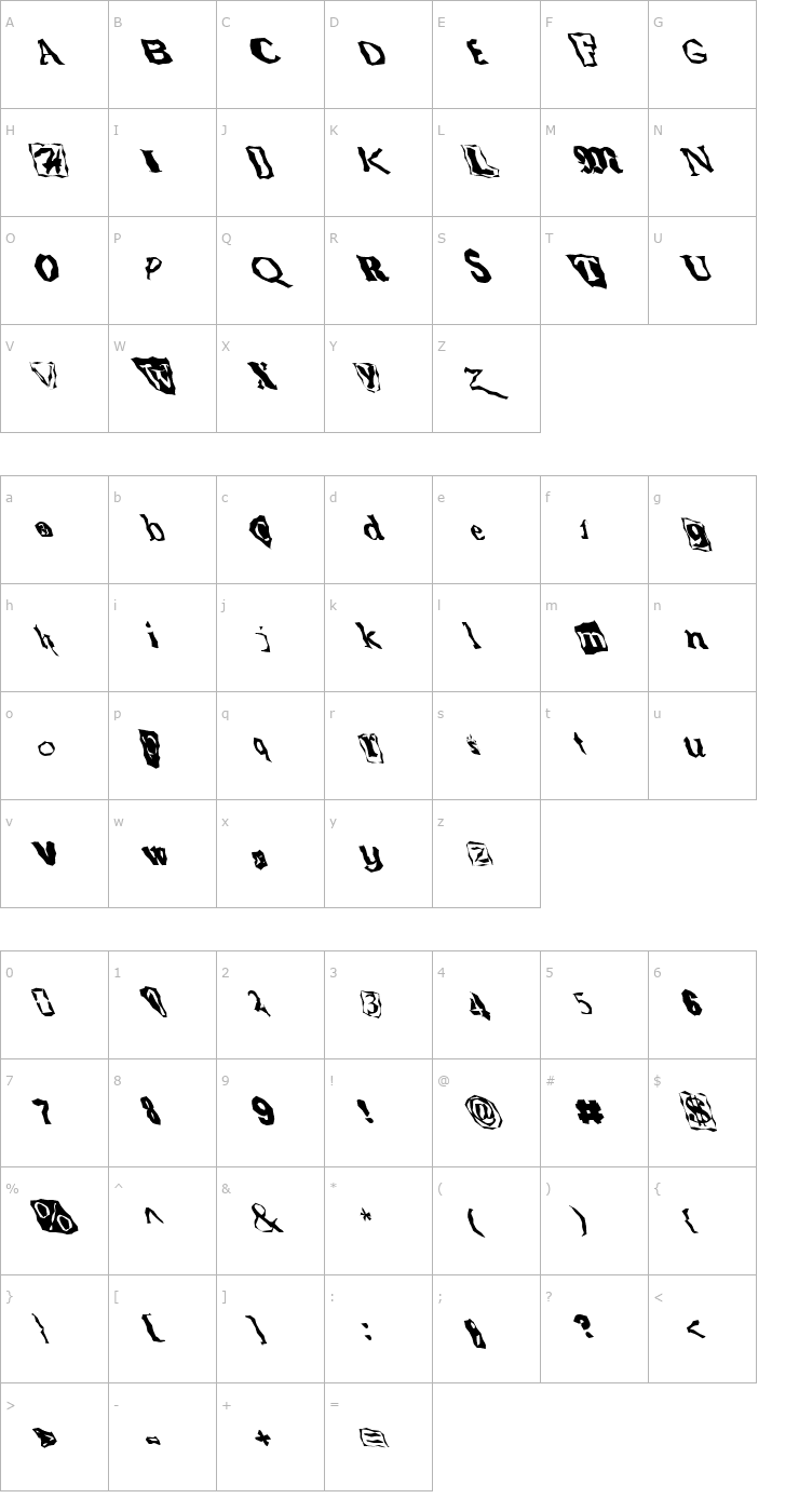 Character Map FZ WACKY 50 LEFTY Font