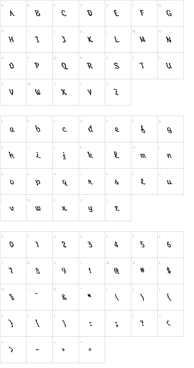 Character Map FZ WACKY 53 LEFTY Font
