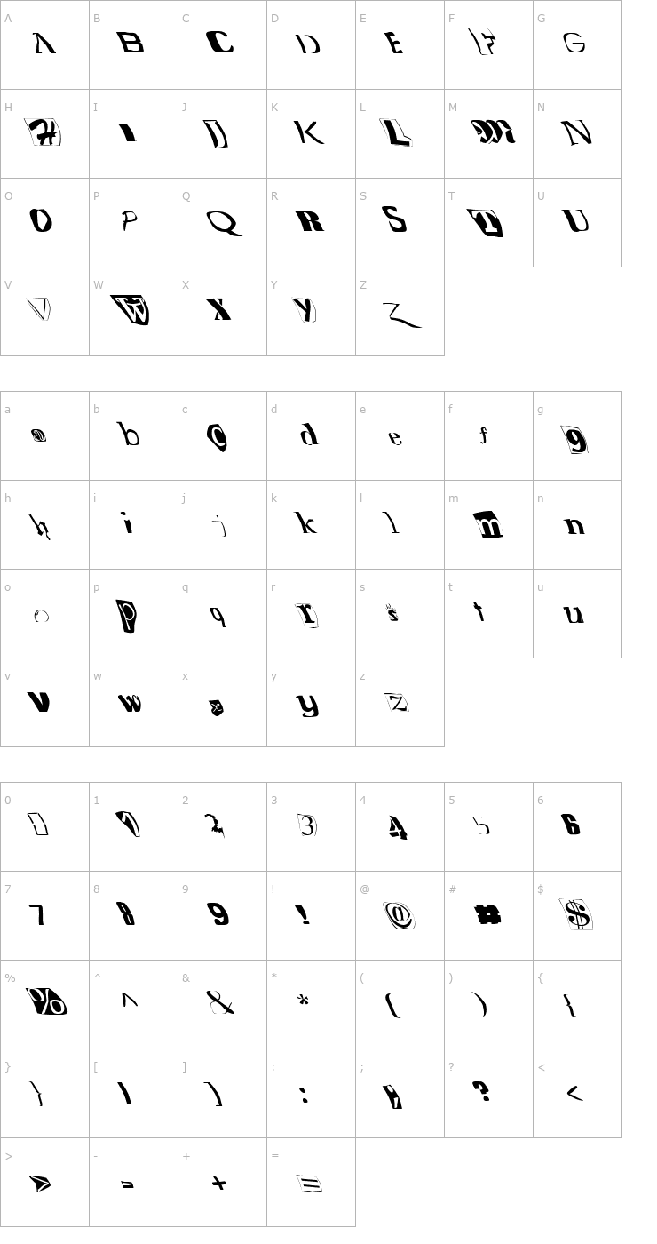 Character Map FZ WARPED 15 LEFTY Font