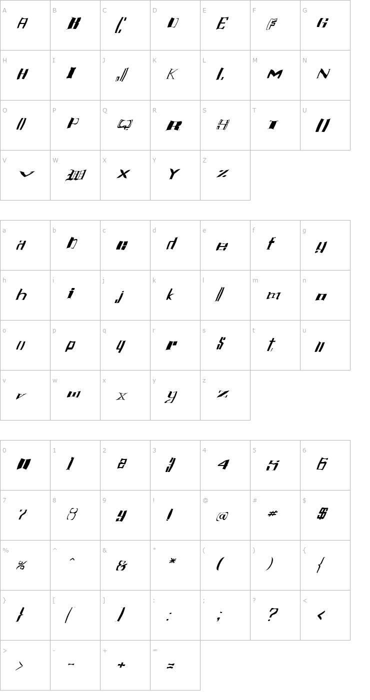 Character Map FZ WARPED 16 ITALIC Font