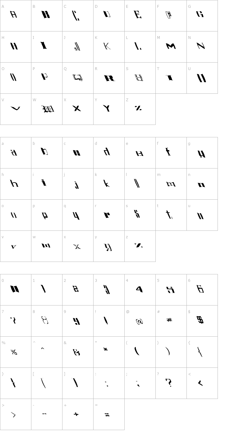 Character Map FZ WARPED 16 LEFTY Font