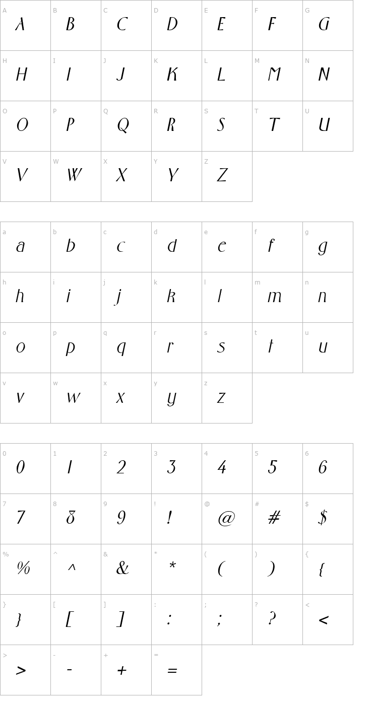 Character Map Gabriel Italic Font