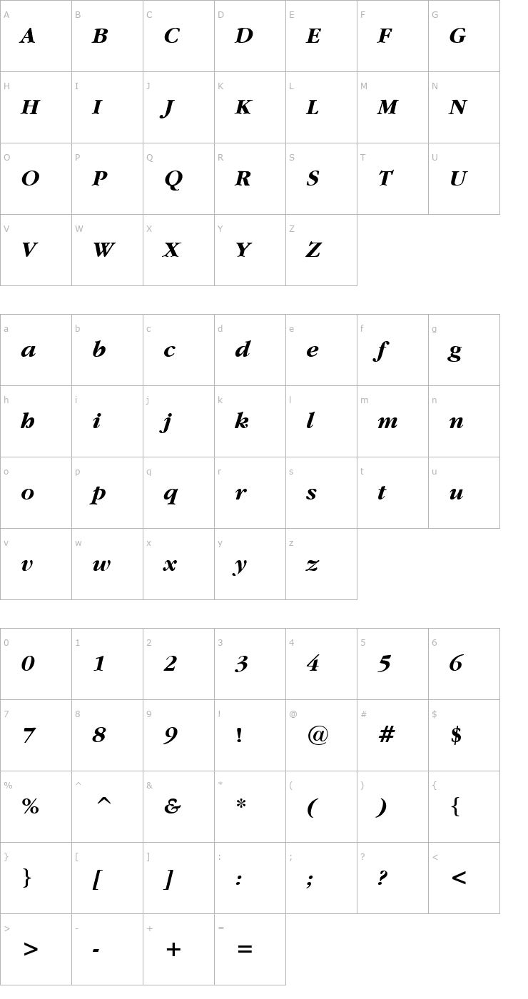 Character Map Garamand Bold Italic Font
