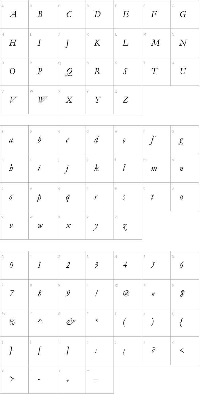 Character Map Garamond_Becker_No5_Italic Font