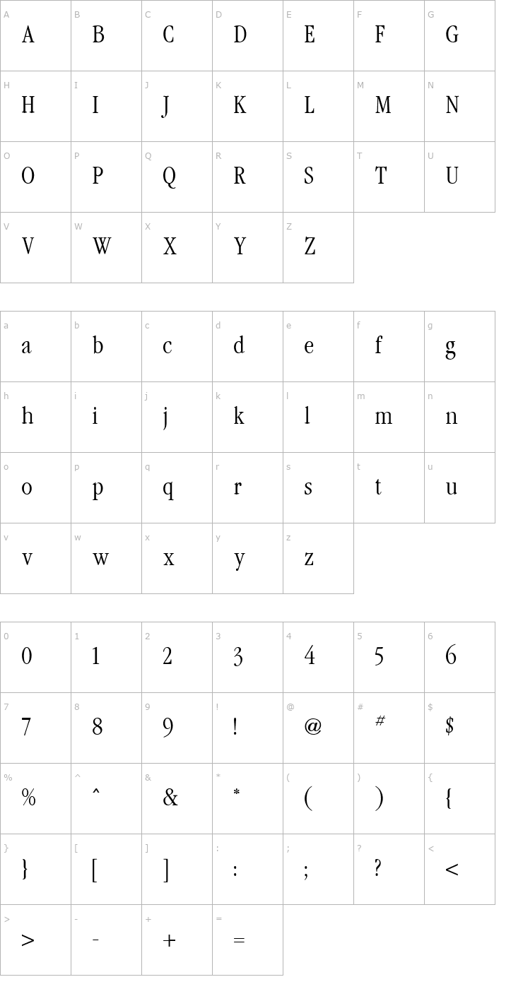 Character Map Garamond Condensed Light Regular Font