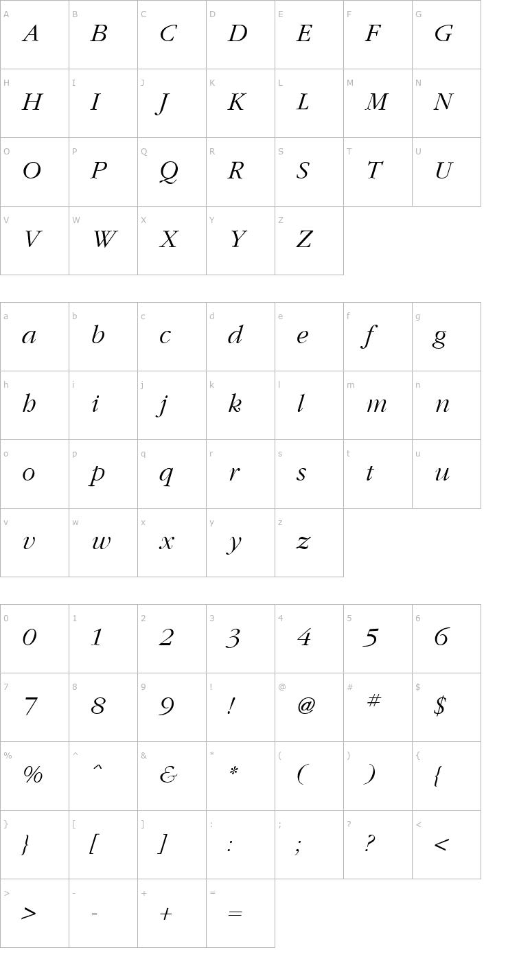 Character Map Garamond Light Italic Font