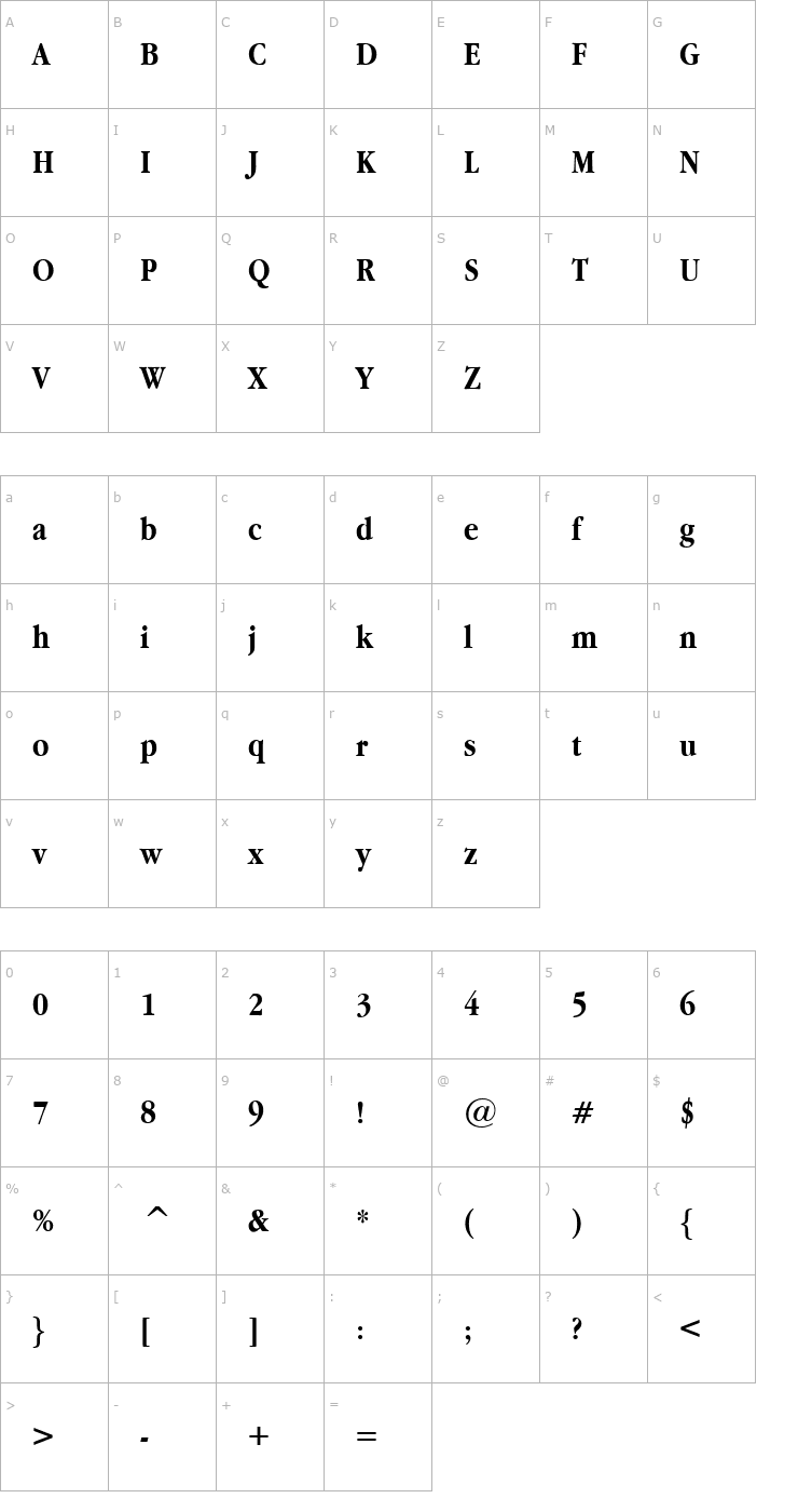 Character Map Garamond Narrow Bold001.022 Font
