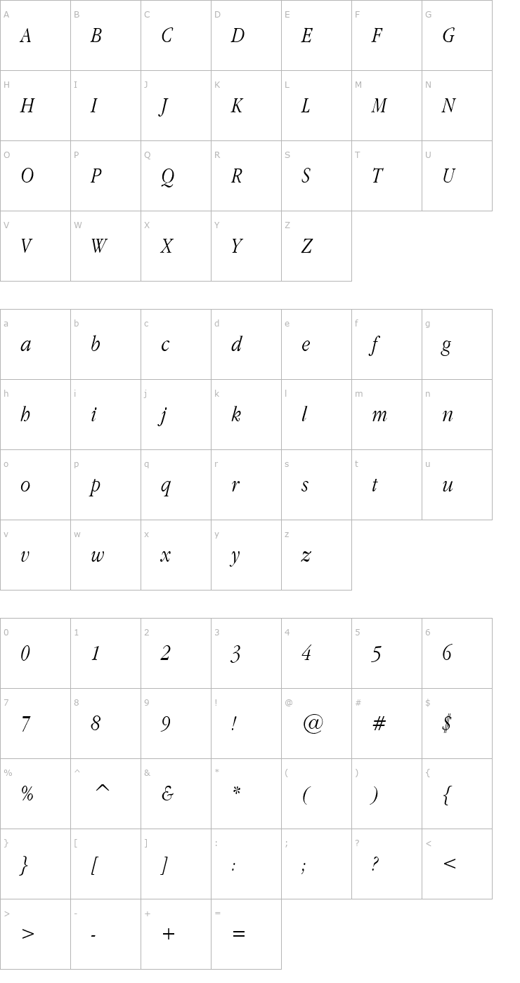 Character Map Garamond Narrow Italic001.022 Font
