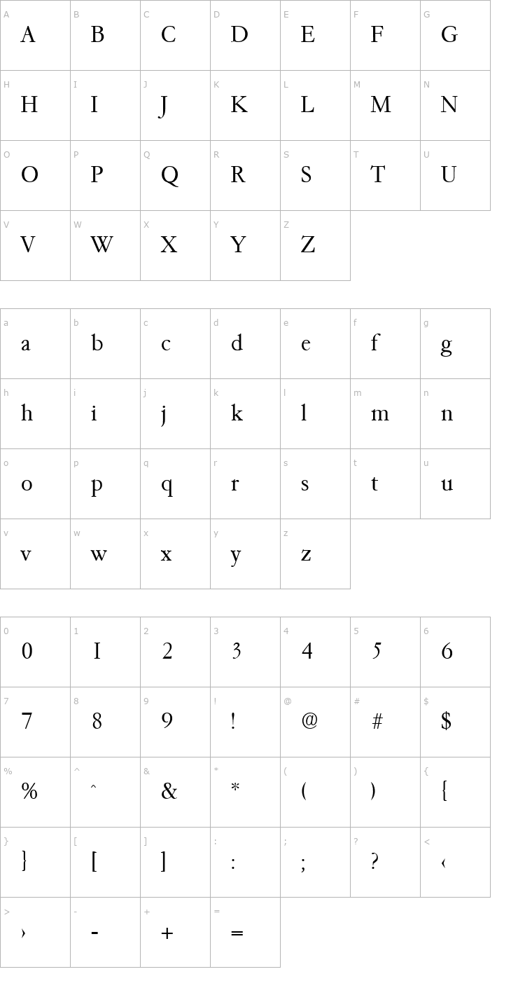 Character Map Garamond-Serial-Light-Regular Font