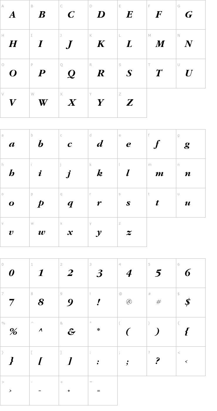 Character Map GaramondFLF-BoldItalic Font