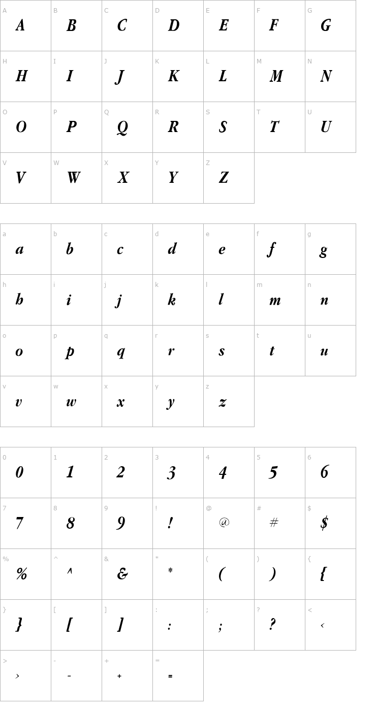 Character Map GaramondFLFCond-BoldItalic Font