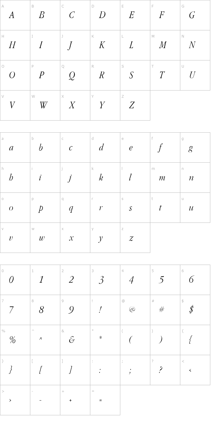Character Map GaramondFLFCond-Italic Font