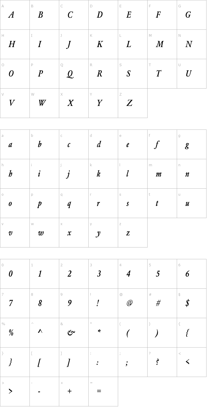 Character Map GaramondMediumCnd-Normal-Italic Font