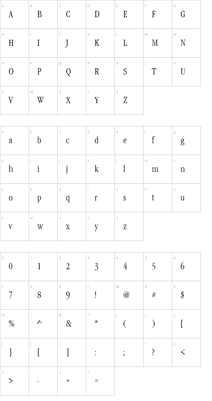 Character Map GaramondNovaCondL Regular Font