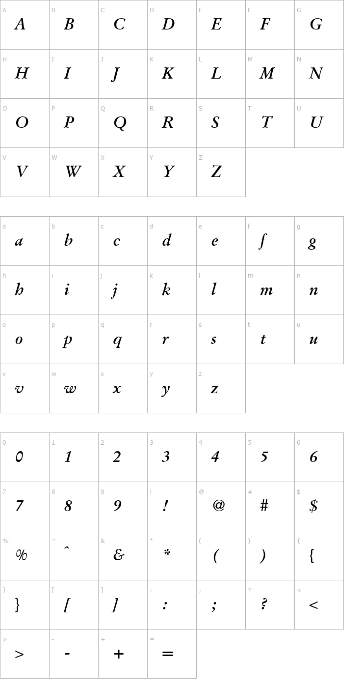 Character Map GaramondOriginal-BoldItalic Font