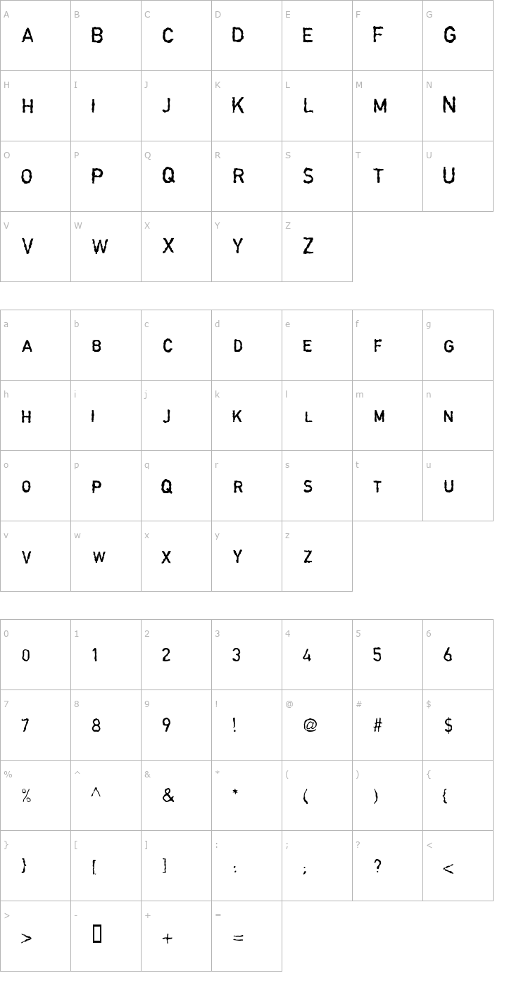 Character Map Garbageschrift Thin Font