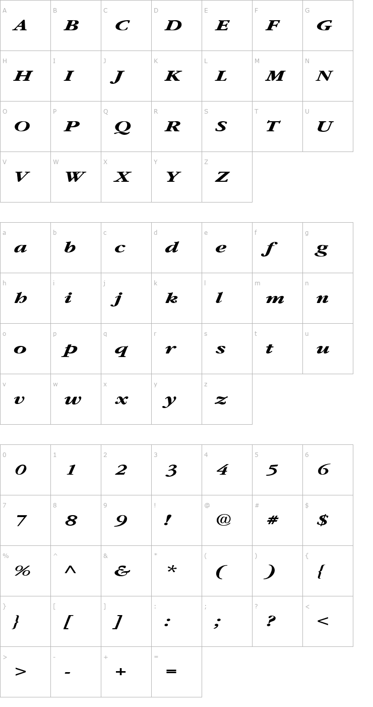 Character Map GarnetBroad BoldItalic Font