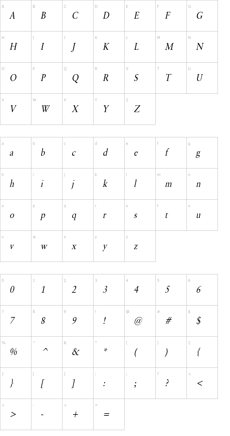 Character Map Garrick Condensed Italic Font