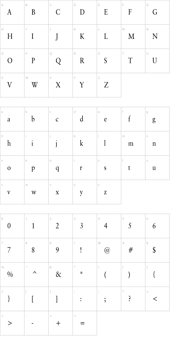 Character Map Garrick Condensed Normal Font