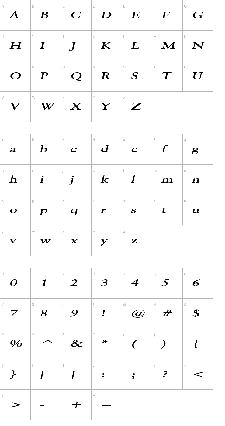 Character Map Garrick Extended BoldItalic Font