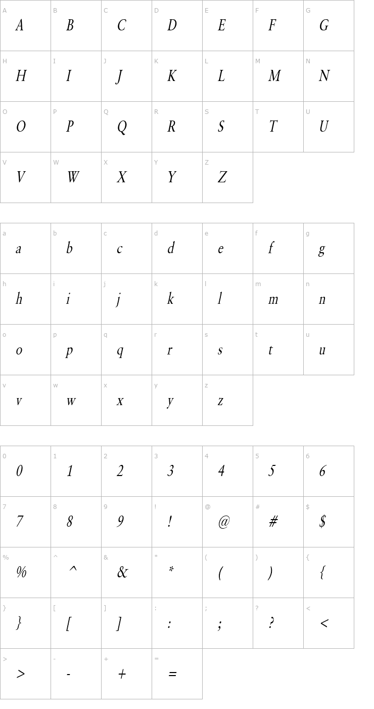 Character Map Garrick Thin Italic Font