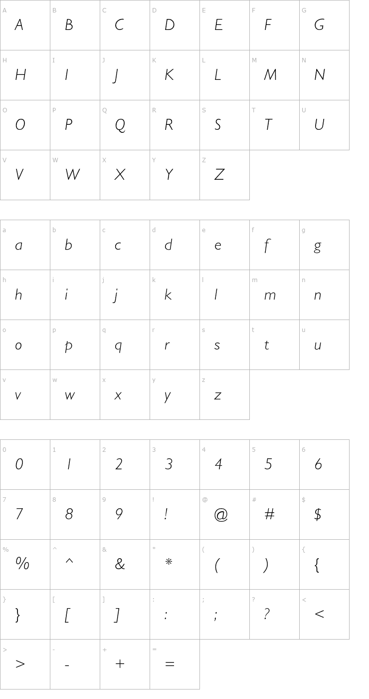 Character Map GarrisonSans-LightItalic Font