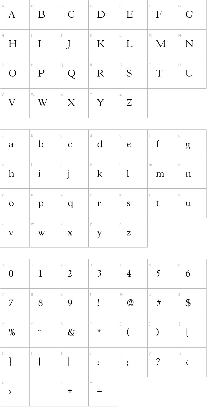 Character Map Gascogne-Serial-Light-Regular Font