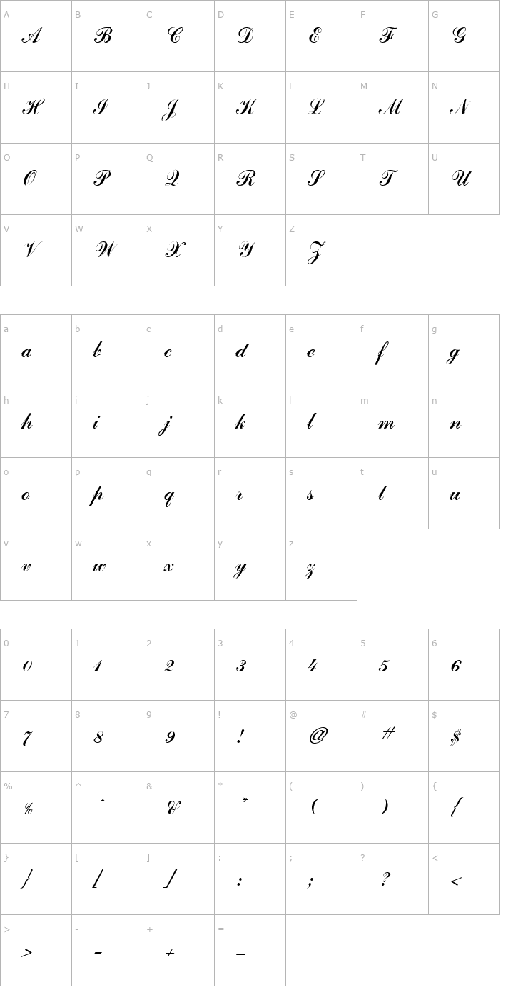 Character Map GE Journeyman Script Italic Font
