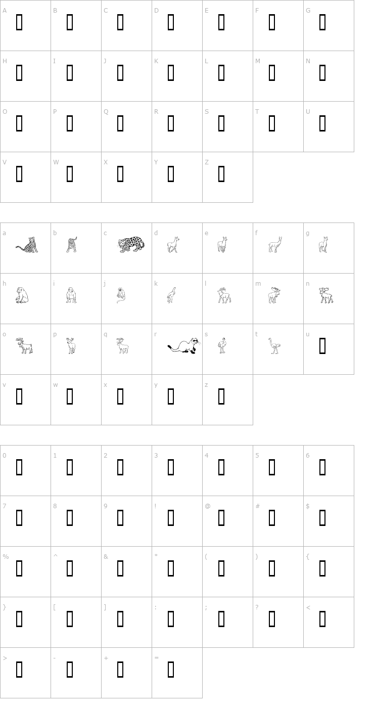 Character Map GE Wild Kingdom L to O Font