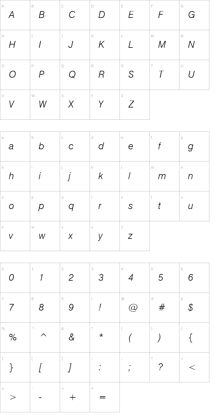 Character Map GenevaLght Oblique Font