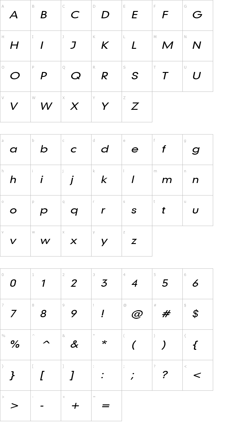 Character Map Geo 579 Wide Italic Font