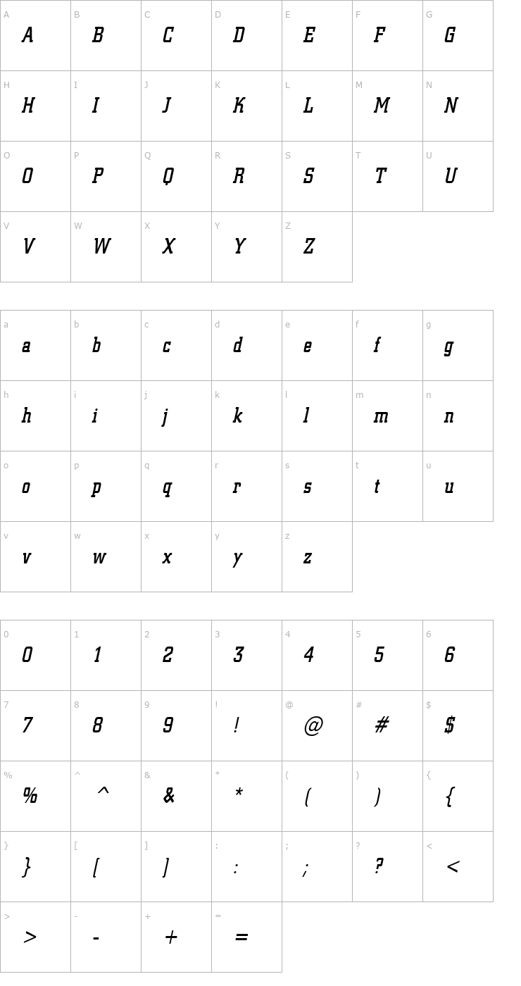 Character Map Geo 957 Condensed Italic Font
