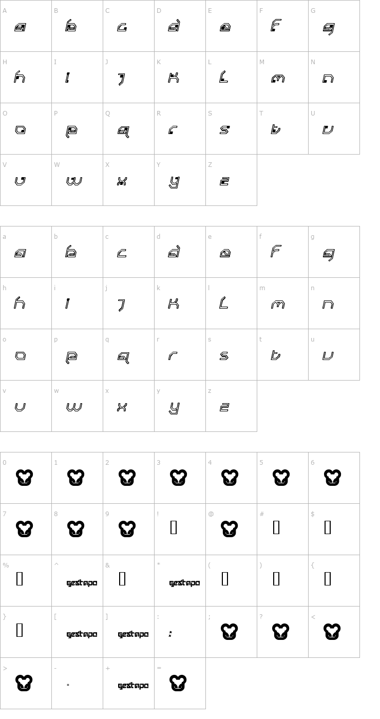 Character Map gestapo001 ThinOblique Font