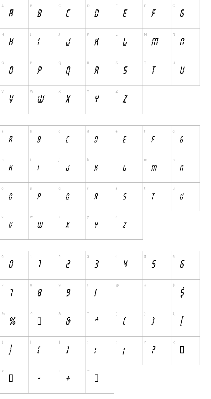 Character Map GhostMachineCondensed Oblique Font