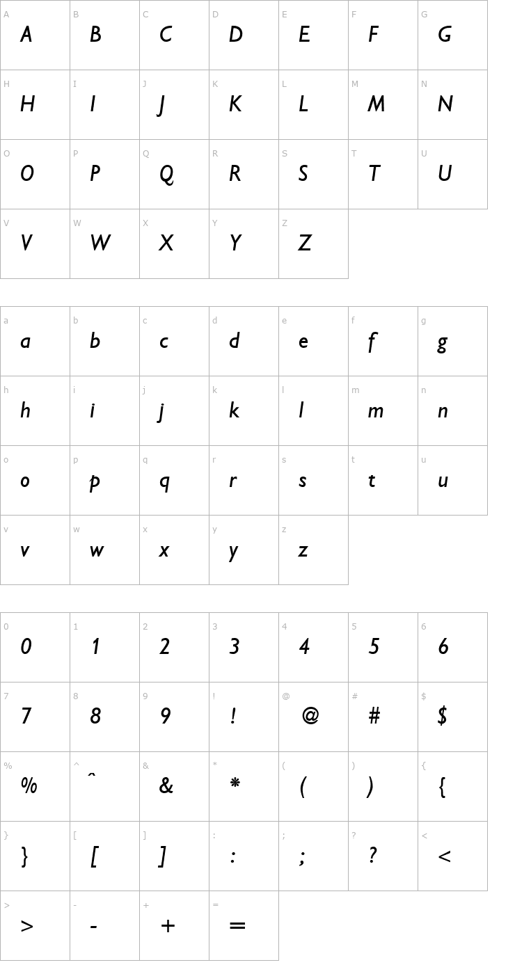 Character Map Gibson-RegularItalic Font