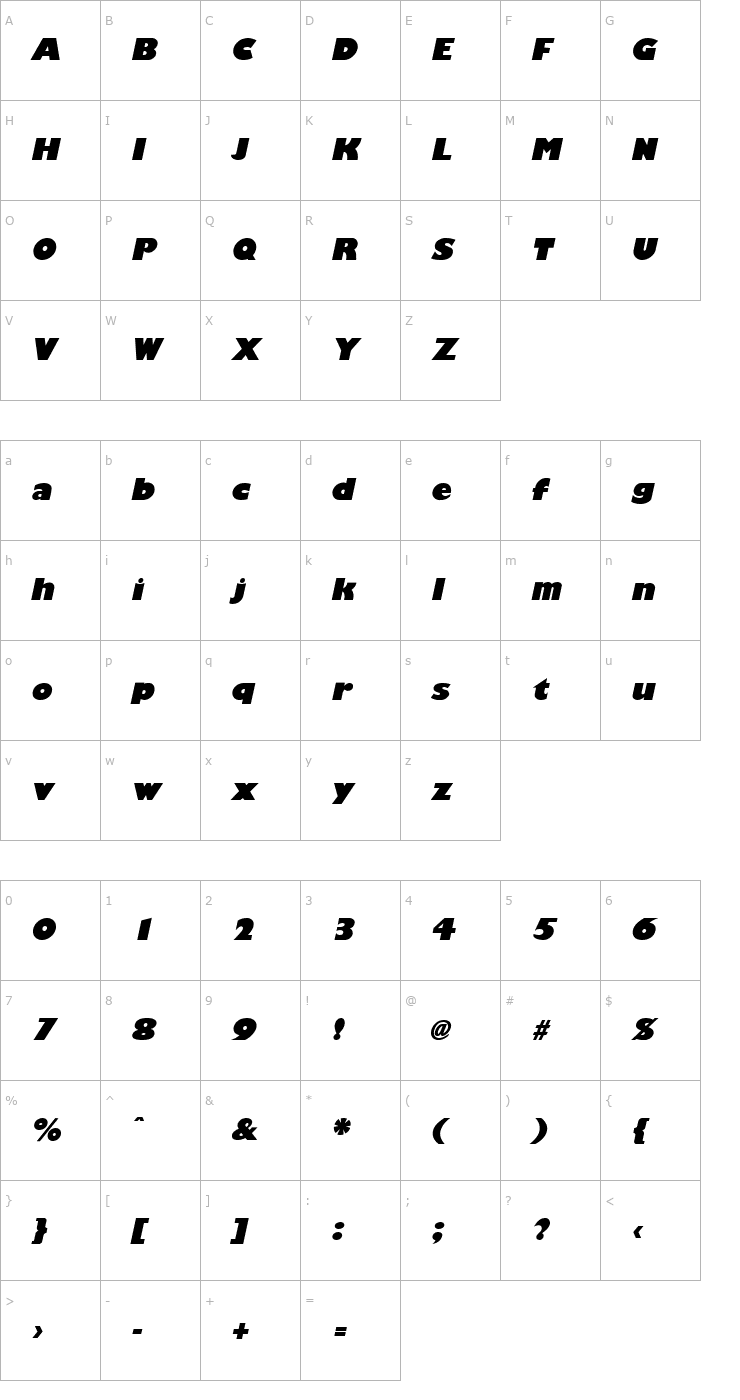 Character Map GiliganBlack Italic Font
