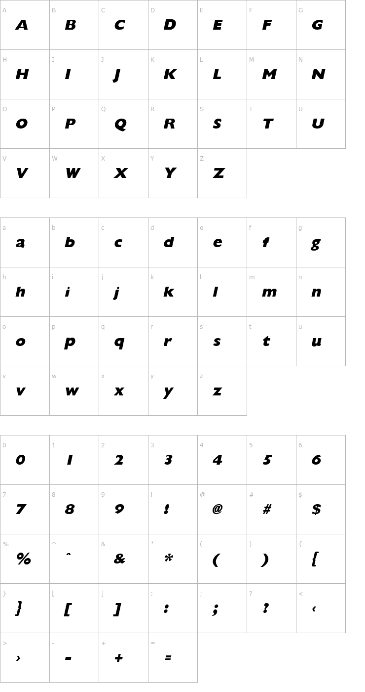 Character Map GiliganExtrabold Italic Font