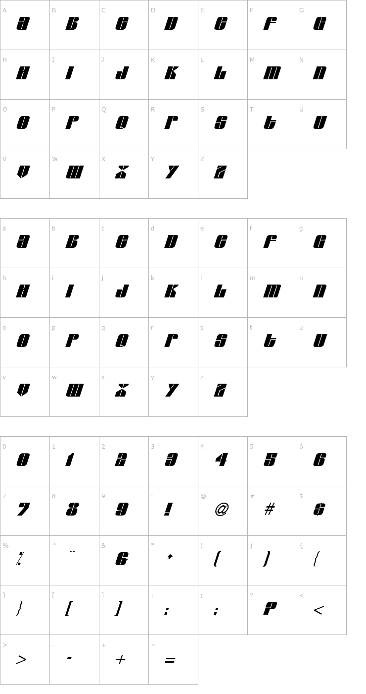 Character Map Glacier Italic Font