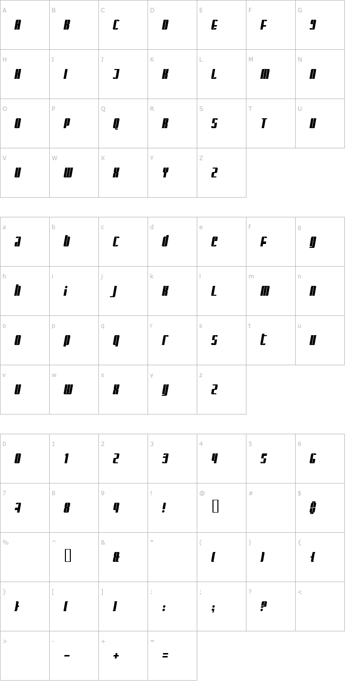 Character Map Glaring Italic Font