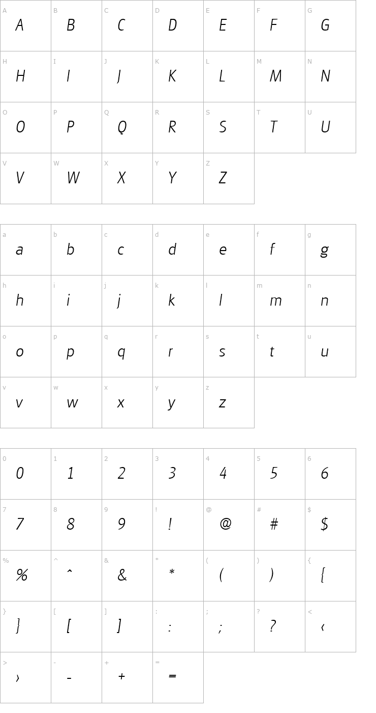 Character Map Glasgow-Serial-ExtraLight-RegularItalic Font