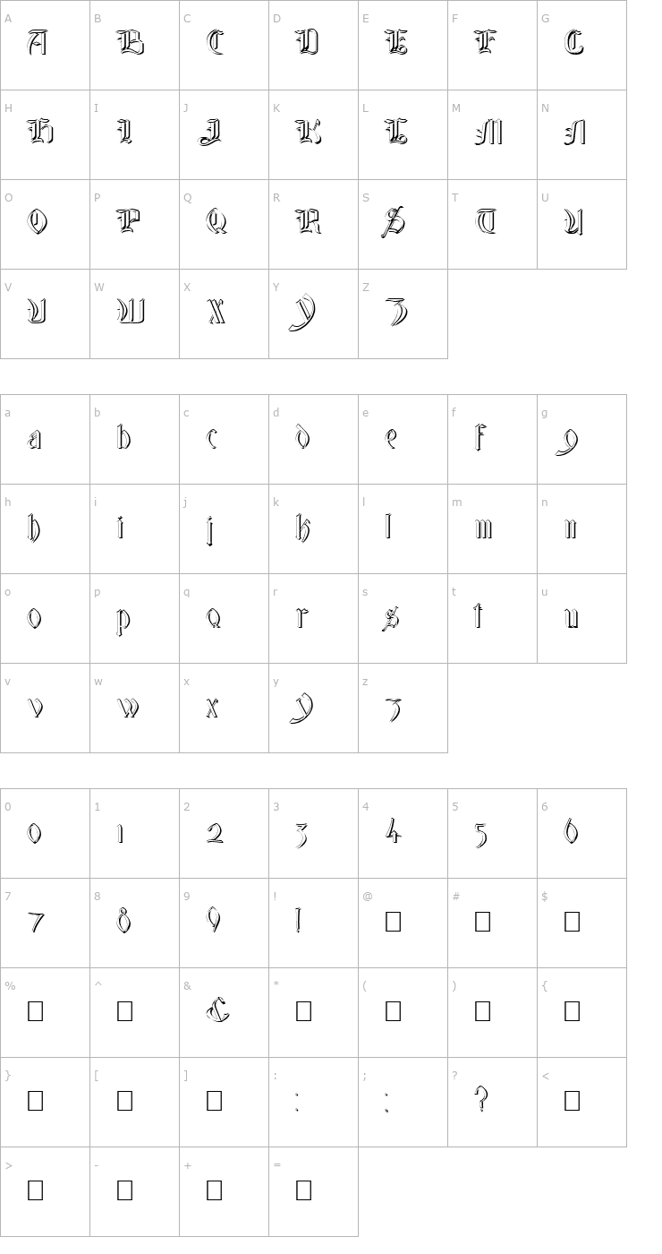 Character Map Glastonbury Wide Shadow Font