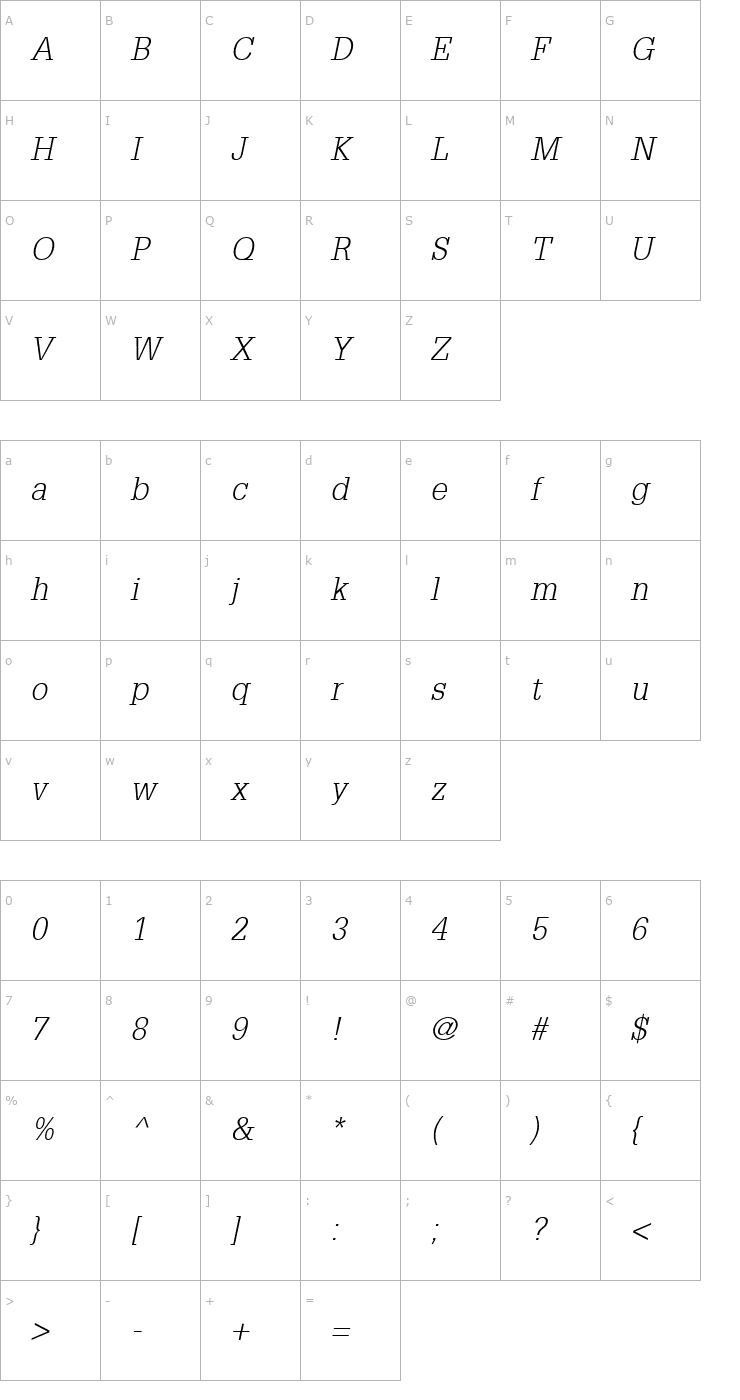 Character Map Glypha45-Light Oblique Font