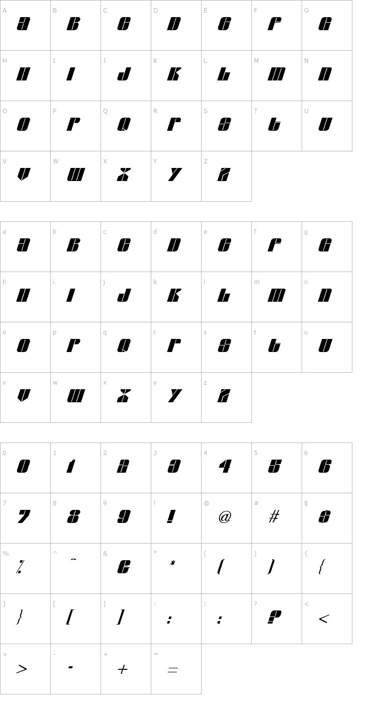 Character Map Glyphic Series Italic Font