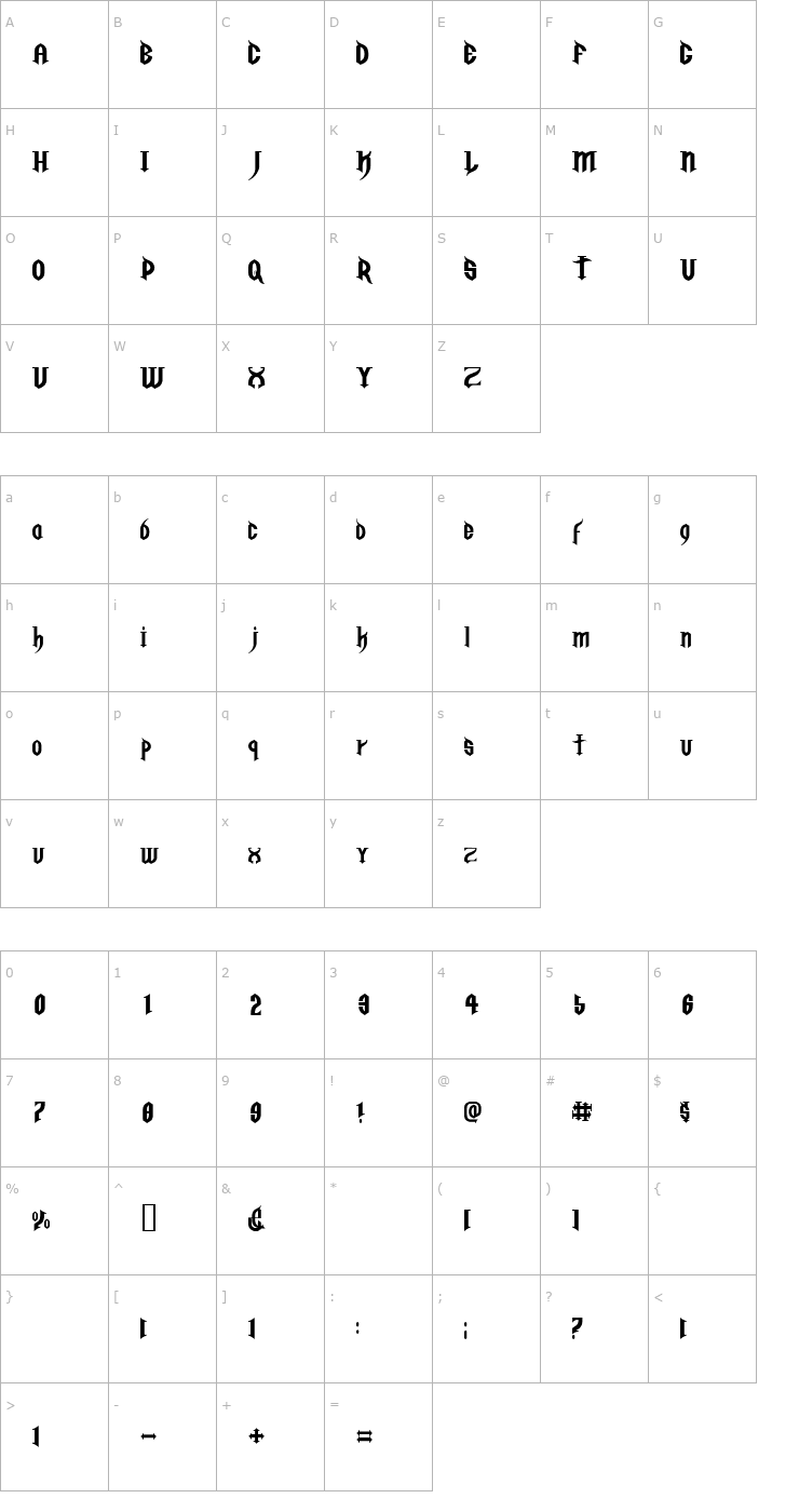 Character Map Golgotha Regular E. Font