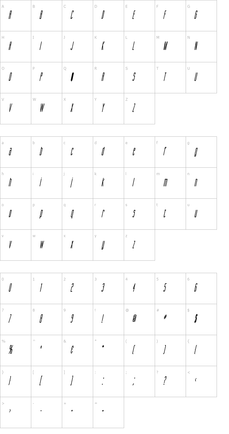 Character Map Gorgio Condensed BoldItalic Font