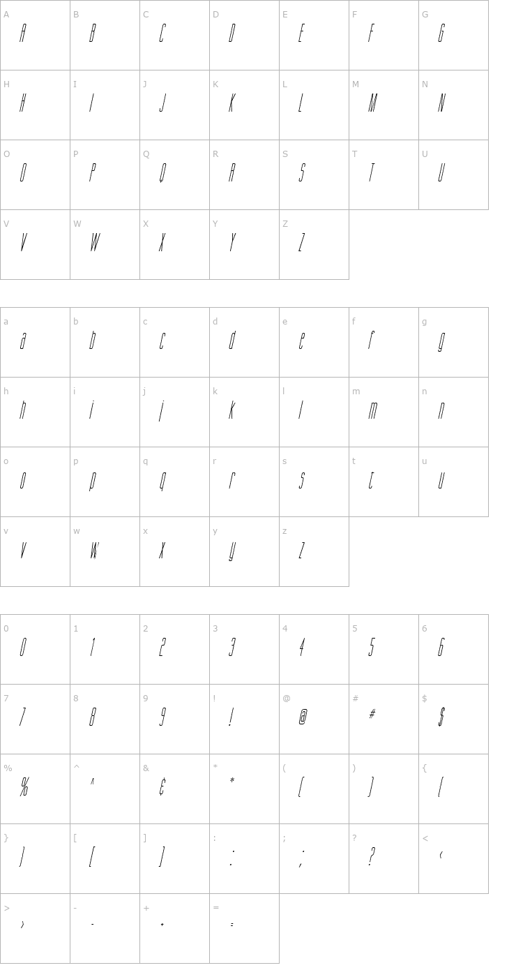 Character Map Gorgio Condensed Italic Font